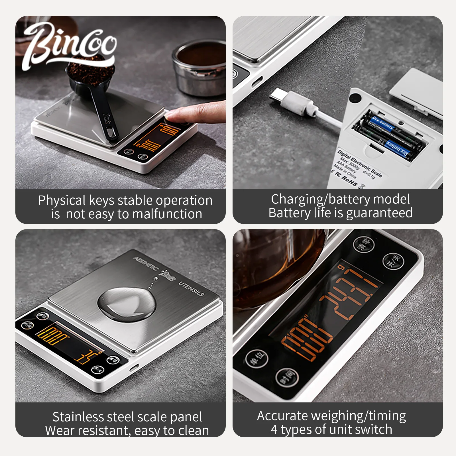 Bincoo Electronic Coffee Scale Portable Coffee Scale With Timer High Precision 3kg/0.1g g/ml/oz/lb Professional Kitchen Scales - Image 5