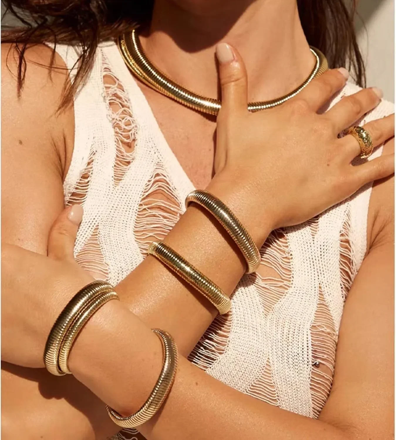 Women's 18K Gold Plated Chunky Stretch Bangles Set