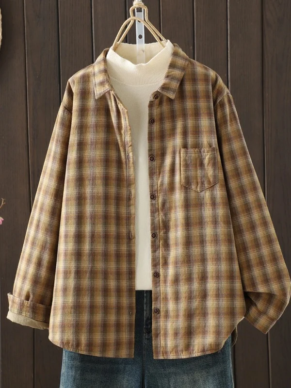 

Autumn Winter Plaid Cotton irt Warm Casual Loose Fit Women's Korean Sle Long Sve Collar Thiened Inner Wear