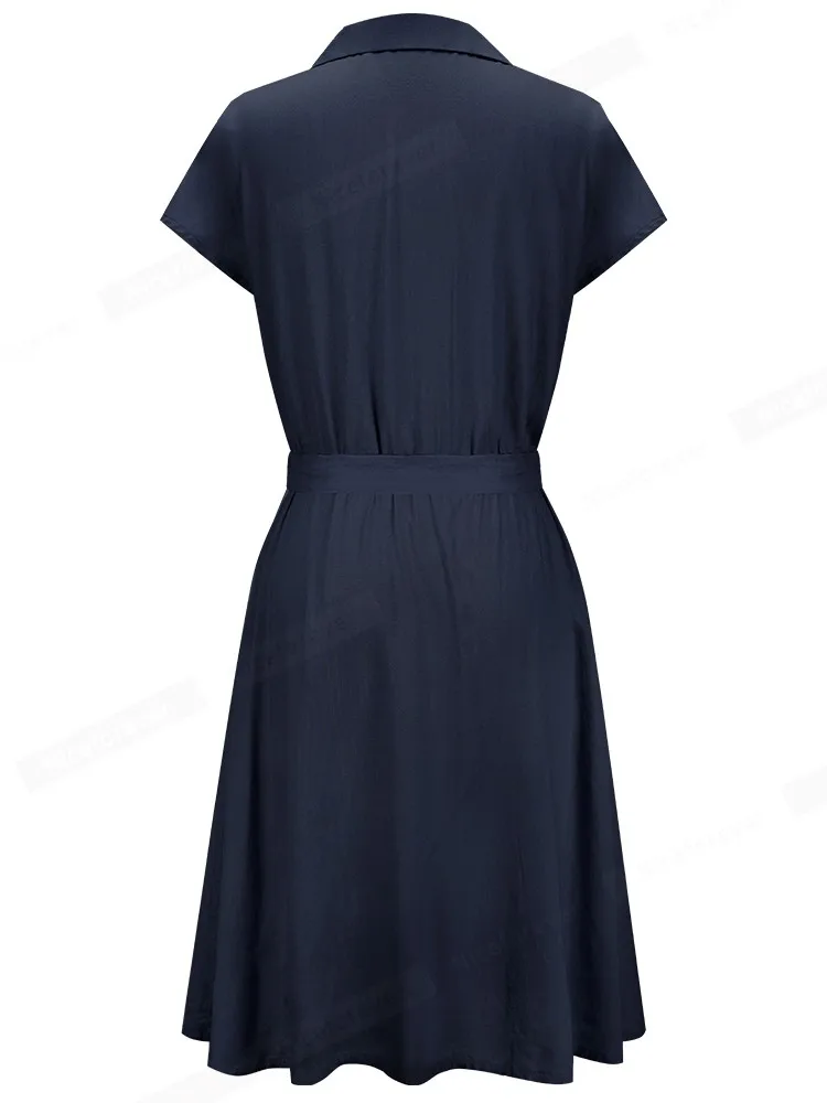 Nice-forever Summer Women Classy Solid Color Dresses with Button Casual Work A-line Dress btyA249