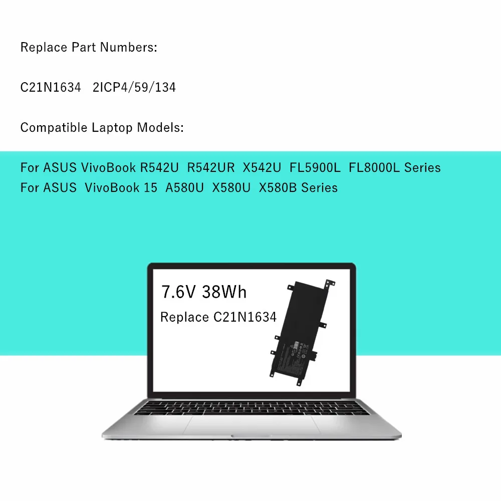 C21N1634 Laptop Battery for ASUS VivoBook R542U R542UR X542U FL5900L FL8000L A580U X580U X580B 2ICP4/59/134