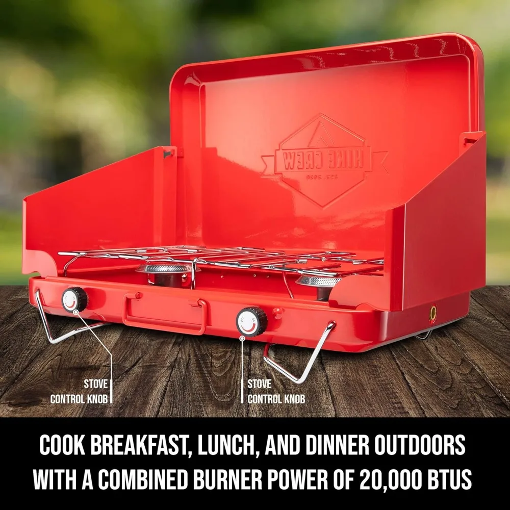 Gas Camping Stove | Portable Double Propane Burner | Built-in Carrying Handle, Foldable Legs & Wind Panels