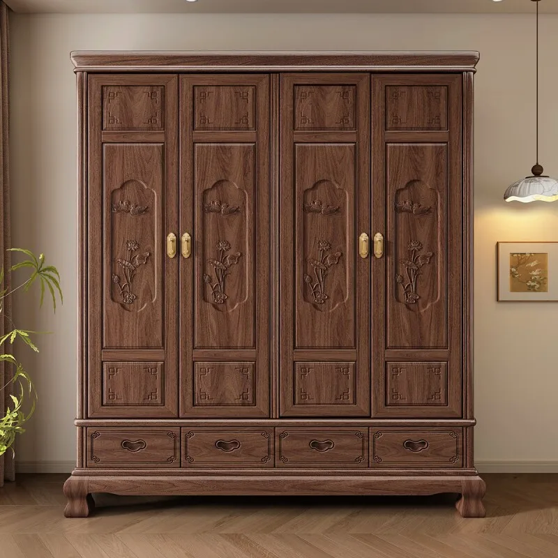 

HYS new Chinese black walnut solid wood wardrobe bedroom storage cabinet all solid wood door high-end sliding wardrobe