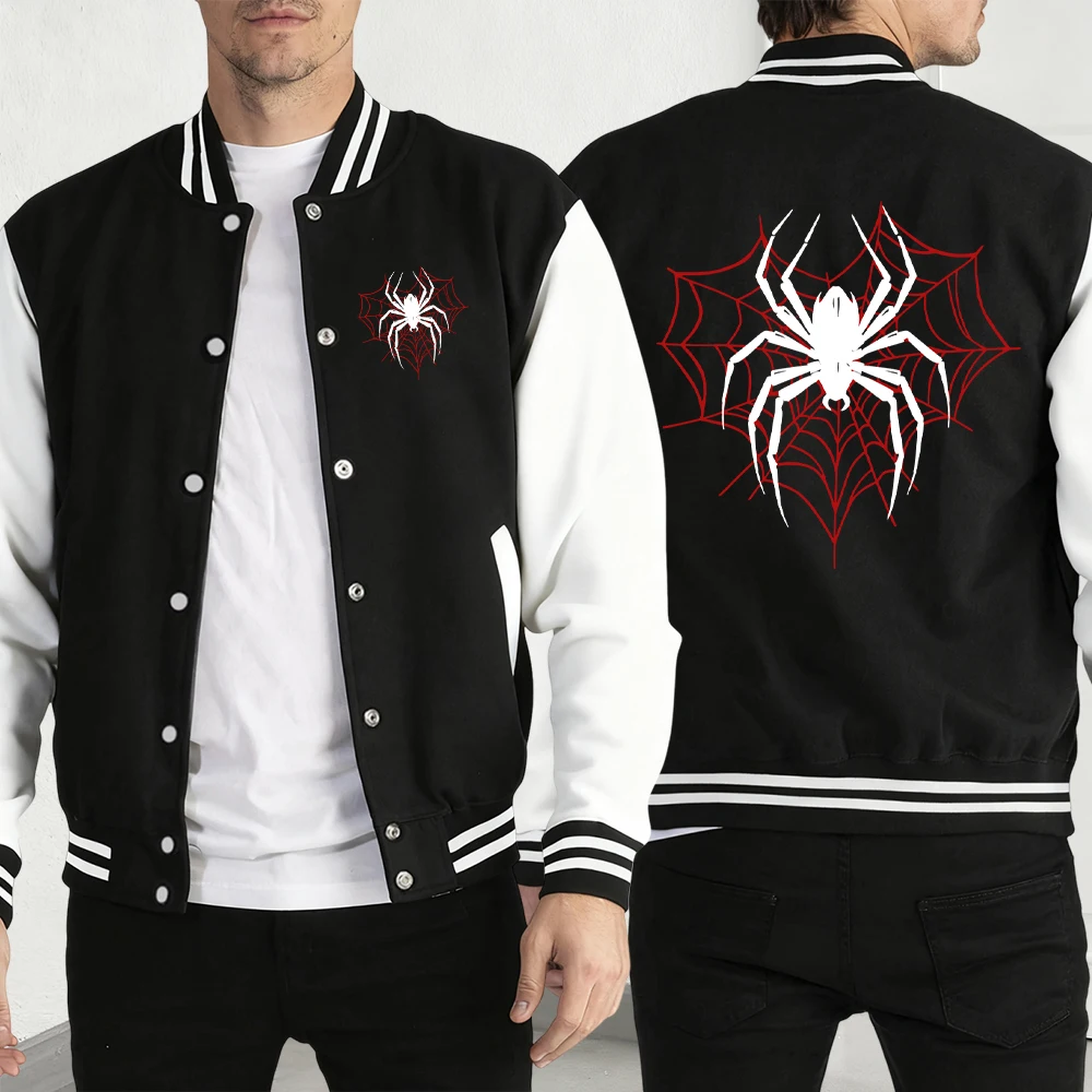 Spiders On The Spider Web Print Jackets Men Streetwear Fashion Loose Baseball Jersey Fleece Pocket American Top Unisex Jacket