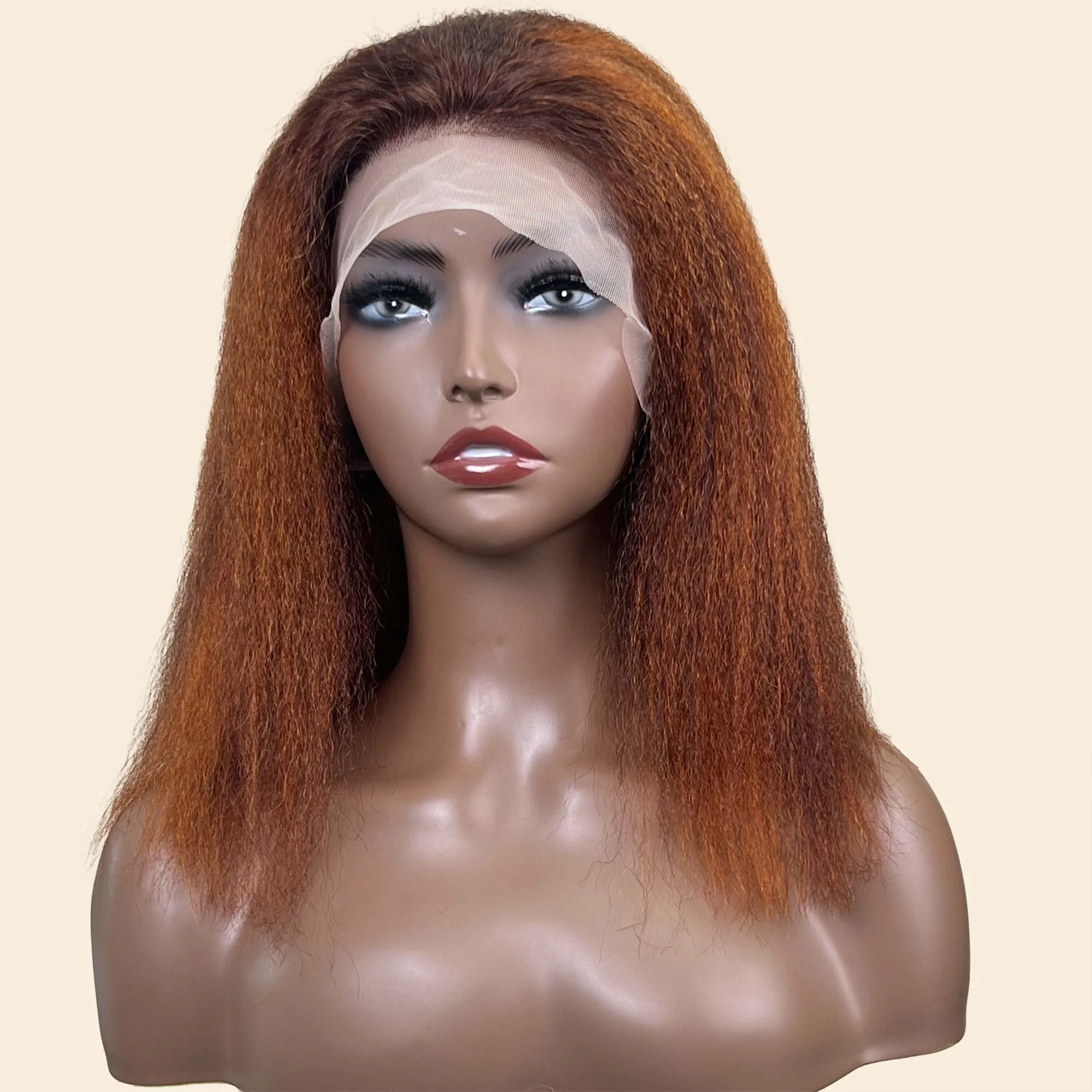 

P4/350 Highlight Kinky Straight Human Hair Wigs 13x4 Lace Frontal Wigs Ginger Orange Brown Colored Short Bob Wigs For Women 200%