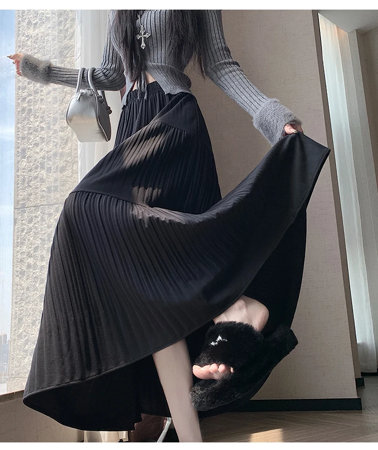 

Womens Half Length Skirt Autumn Winter New Style High Waist Large Swing Skirt Hundred Fold A Line Umbrella Cake Midi Skirt