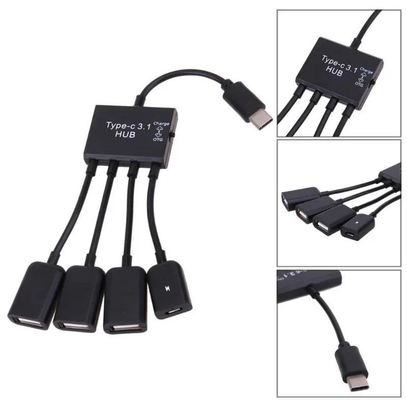 Type-C 3.1 4 In 1 Micro USB Hub OTG Cable Extension Adapter for Android Samsung Tablet HUB with Power Supply