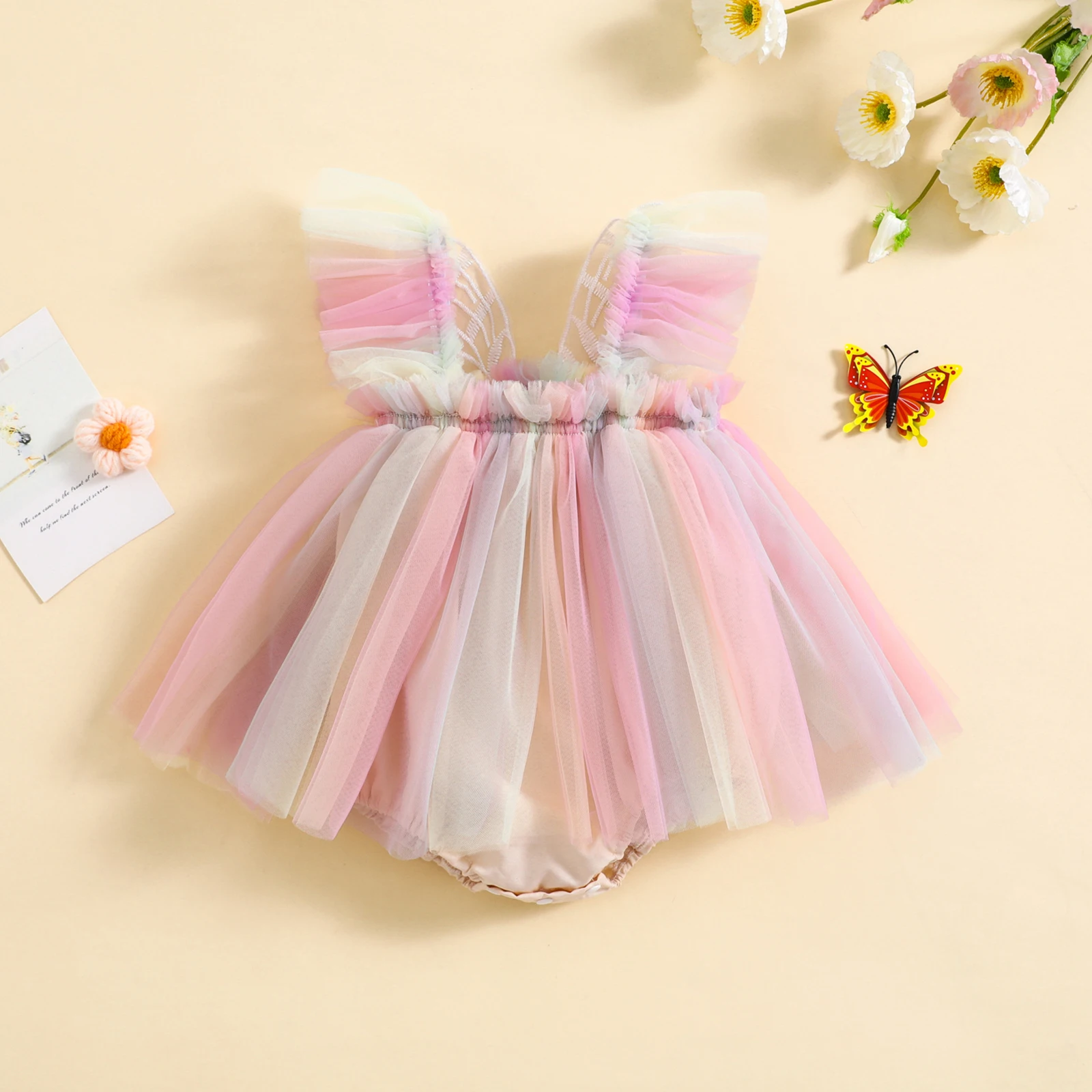 Pudcoco Infant Girl Rompers Dress Embroidery Butterfly Wing Fly Sleeve Rainbow Tulle Skirt Hem Jumpsuits Clothes Baby 0-24M