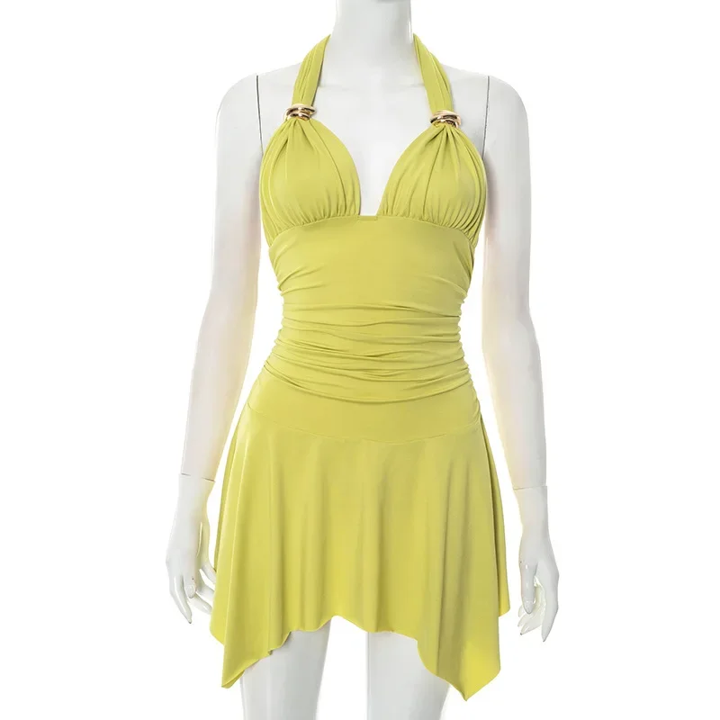 Lace Up Bandage Halter Strand Urlaub Mini Unregelmäßige Kleid Outfits Frauen Sommer Backless Ärmellose A-linie Kleider Streetwear