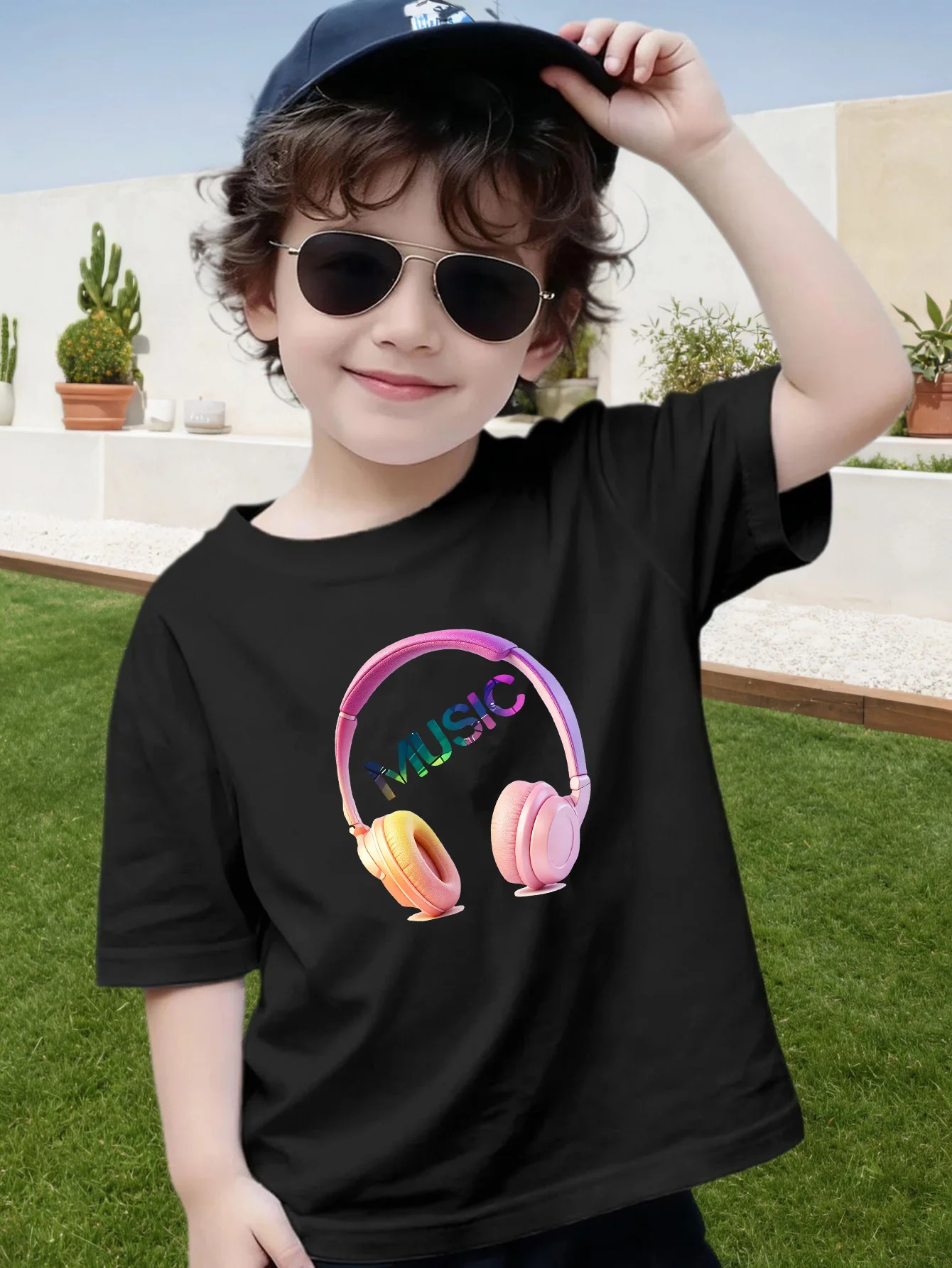 Colorful Gradient Headphones Music Letter Art Print Kids Tee Boys Girls Cotton Summer Soft Casual Unisex Short Sleeve Shirts