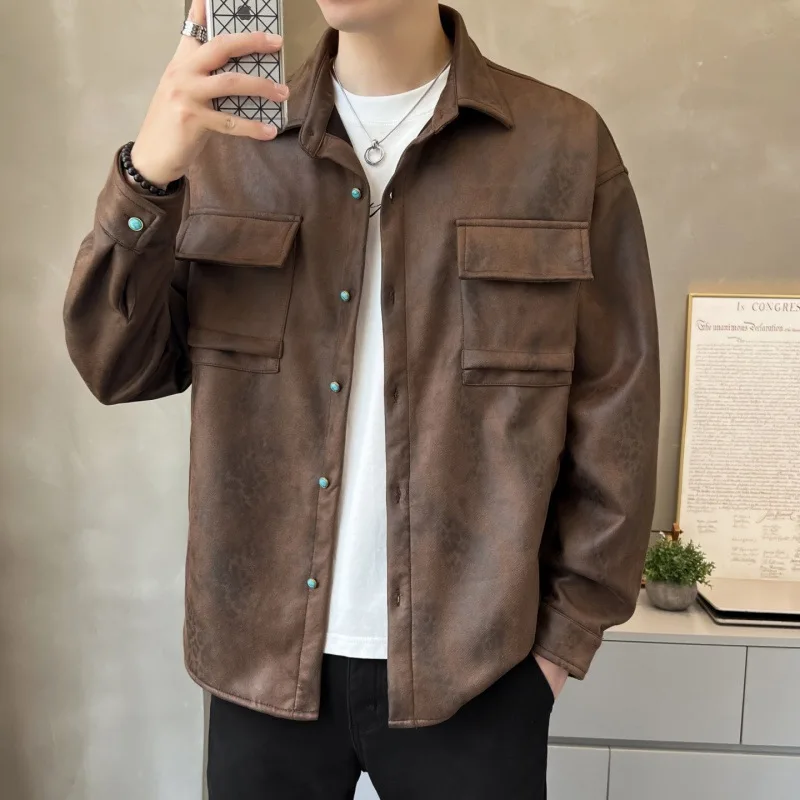 

Autumn Man Leather Jacket Vintage Leopard Print Single-breasted Male Outerwear Turn Down Collar Long Sleeve Men Coat