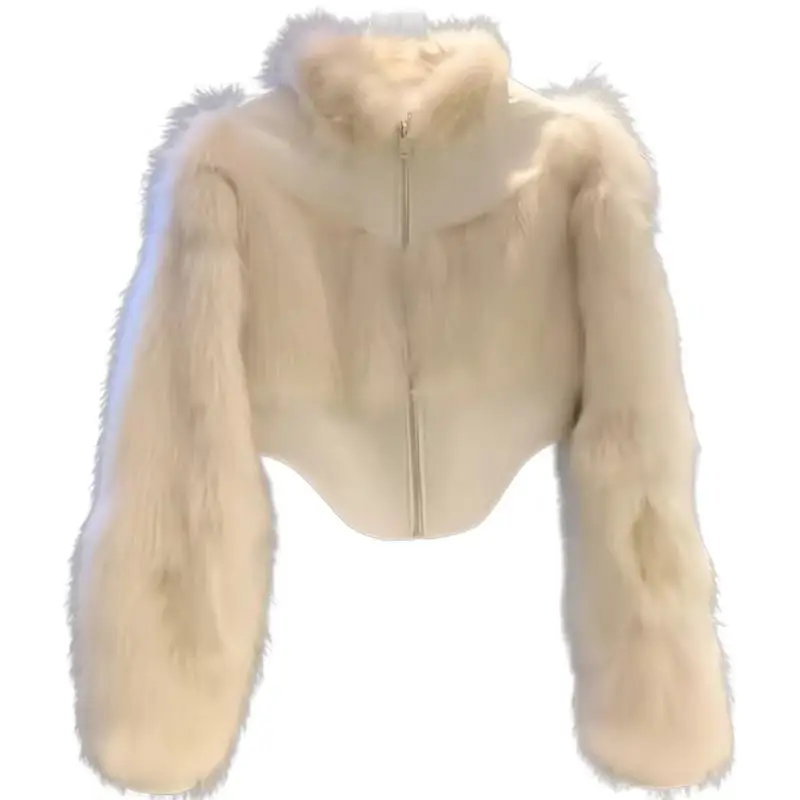 Faux Fur Coat for Women, Short Jackets,Zipper Overcoat,Fur Collar,Spliced, Female Clothes, Winter,New, 2024, Faux Fur Coat