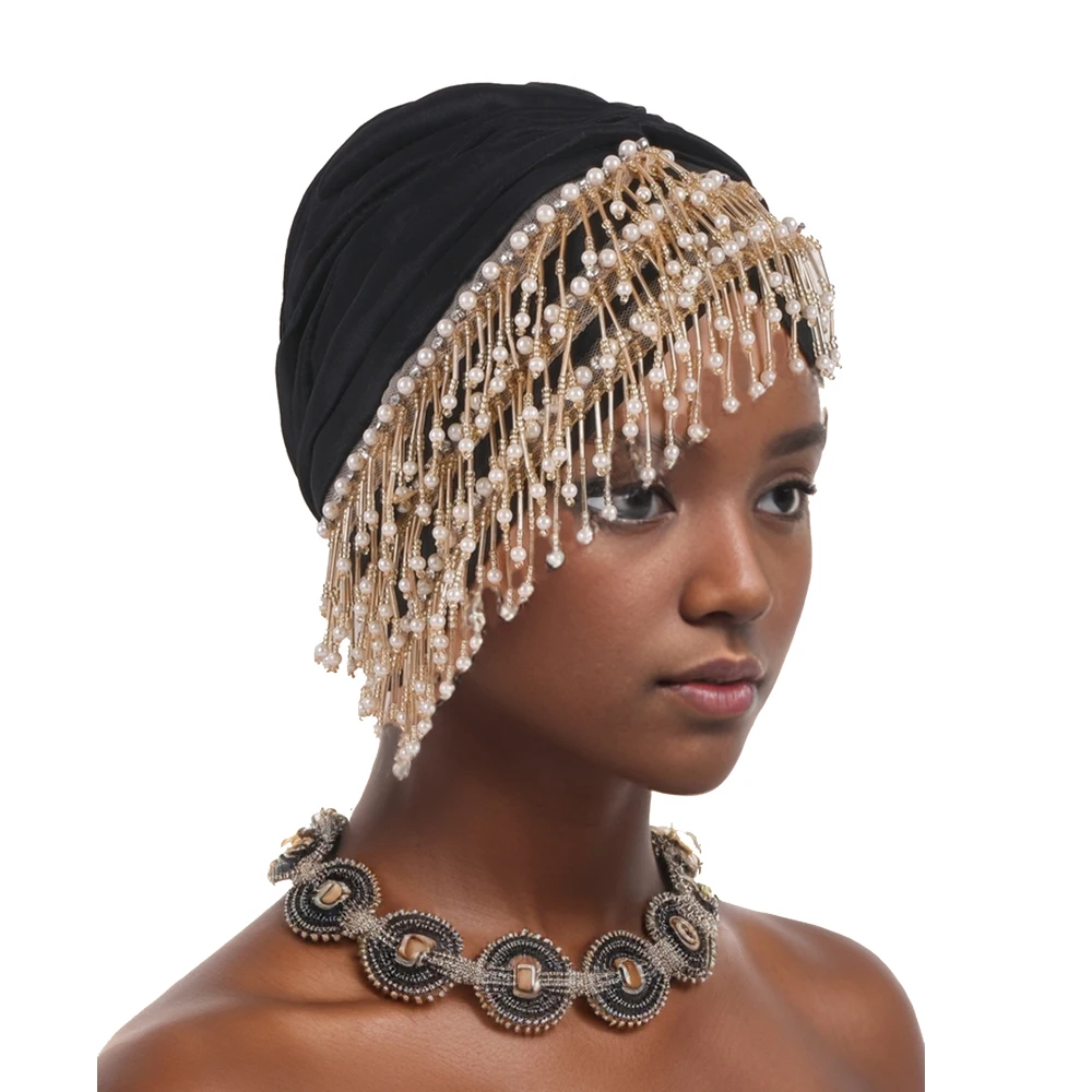 Tassel Beaded Turban Cap for Women African Headties Auto Gele Bonnet Wedding Party Headpiece Nigeria Headscarf Hijab Head Wrap