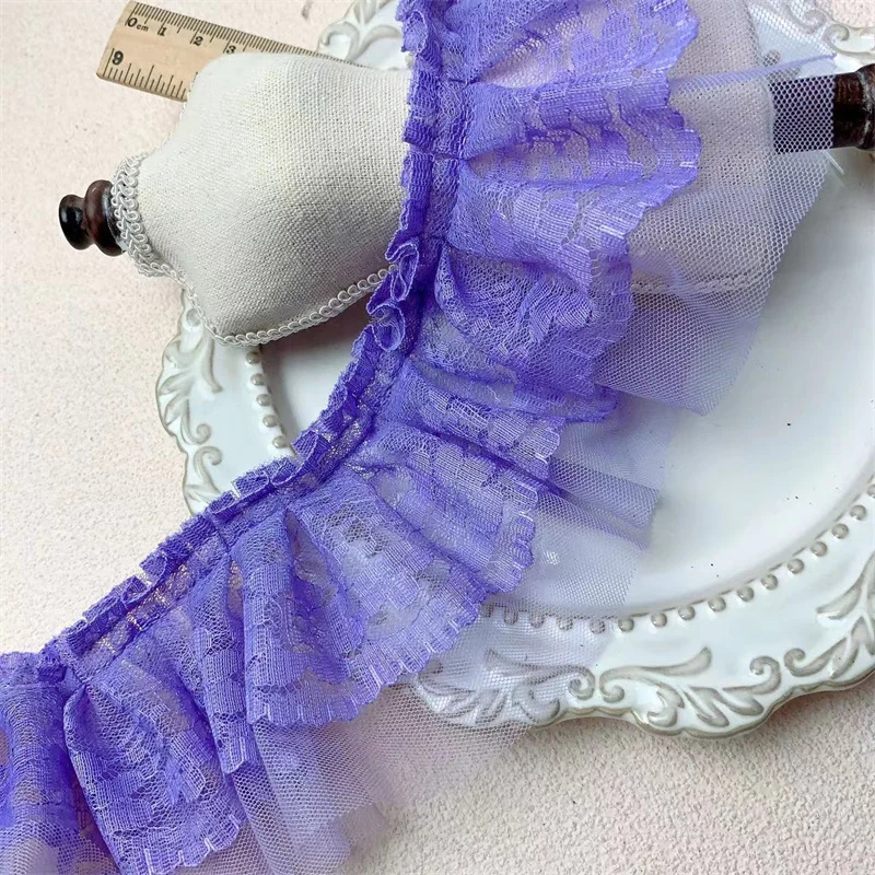 9CM Wide Double Layers Purple Tulle Mesh Wrinkled Embroidered Ribbon Ruffle Lace Trim Dress Curtains Apparel DIY Sewing Decor