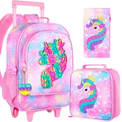 3PCS Rolling Backpack for Girls, Kids Roller Wheels Bookbag, Wheeled School Bag with Lunch Bag - Unicorn Pink