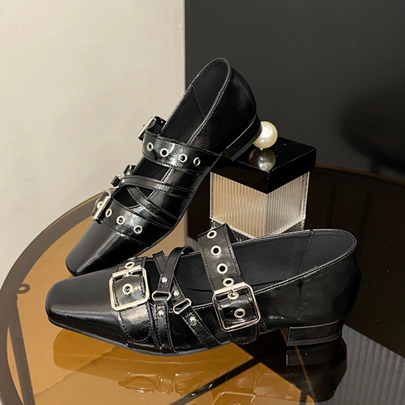 

Дизайнерские туфли Мэри Джейн на каблуке Кожаные туфли с квадратным носком Туфли-лодочки с пряжкой 2026 Весенние пикантные туфли на массивном каблуке для вечеринок Mujer Sandalias