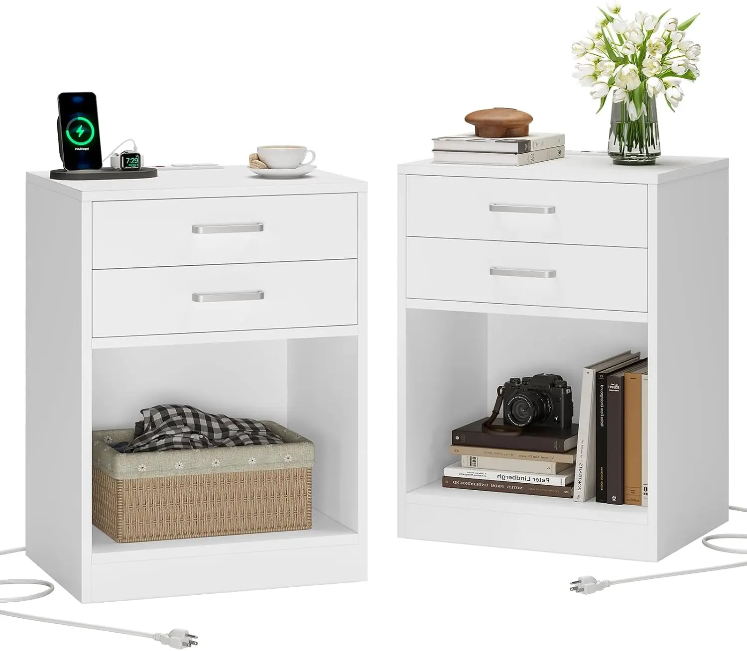 

Nightstands Set of 2,White Night Stand with Charging Station & Drawers,Night Stands for Bedrooms 2