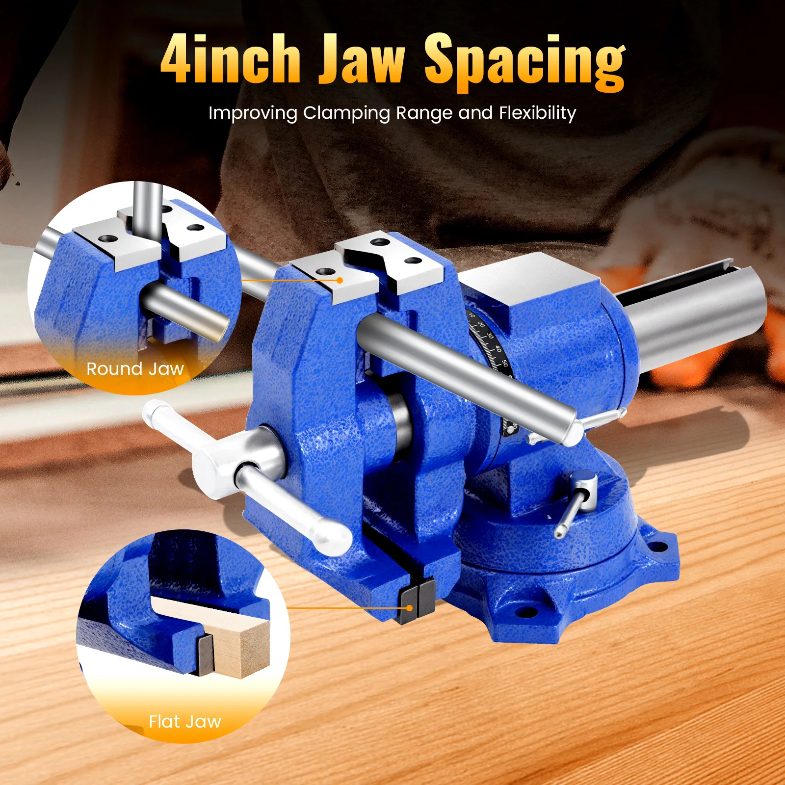 Professioneller Schraubstock, groß, 100 mm Spannweite, multifunktionaler Tischschraubstock, zweiachsige Drehung, 360-Grad-Parallelschraubstock, hochwertige Stahlbacken – Detail 6