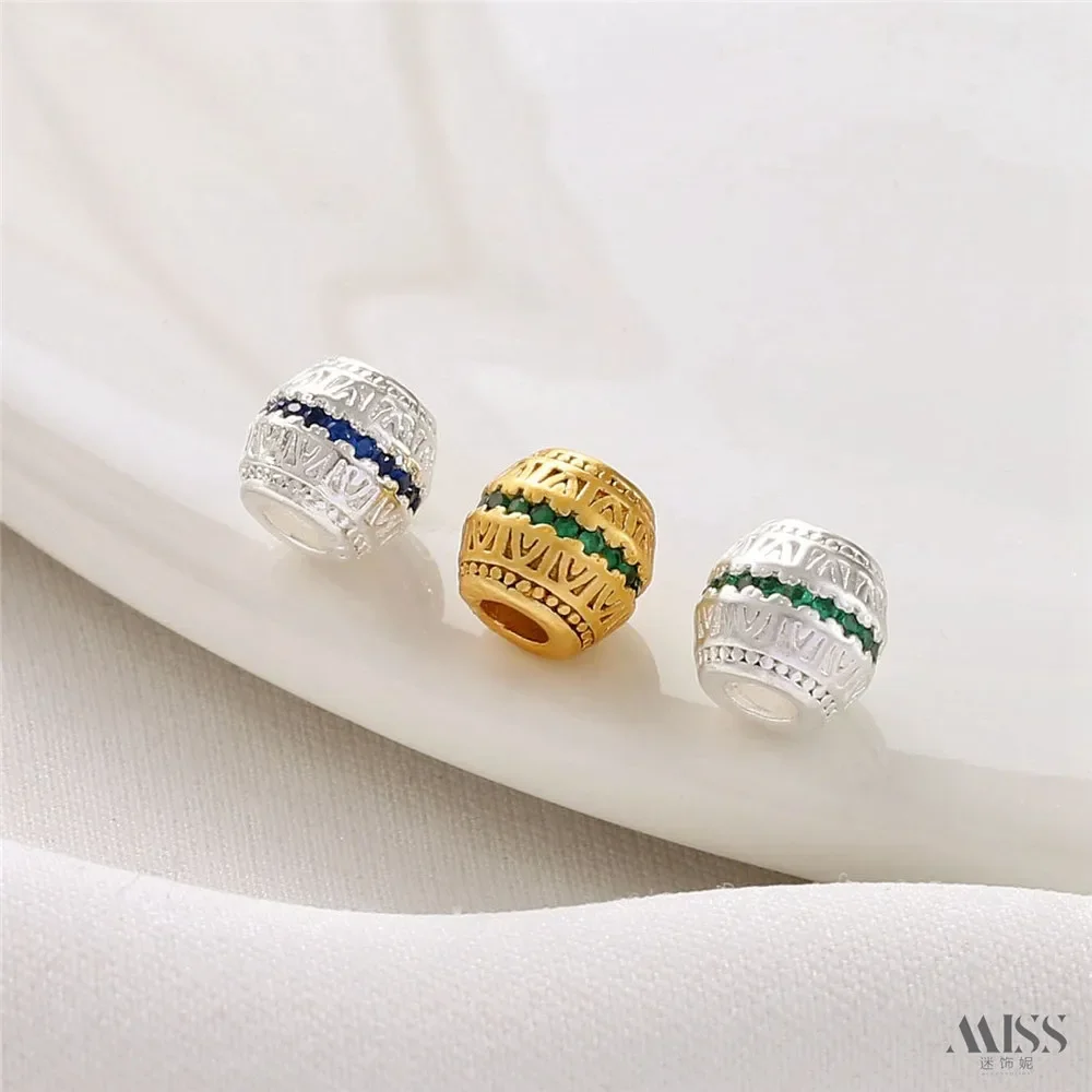 

18K Matte Gold Silver Ring Inlaid with Zircon Engraved Drum Beads Bucket Beads Spacer DIY Bracelet Necklace Beaded Accessories