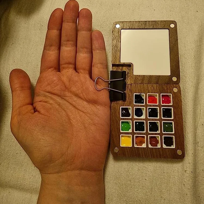 1Set tavolozza di schizzi portatile 15 griglie Mini tavolozza di colori da viaggio in legno scatola di tavolozza magnetica in legno per pittura ad acquerello