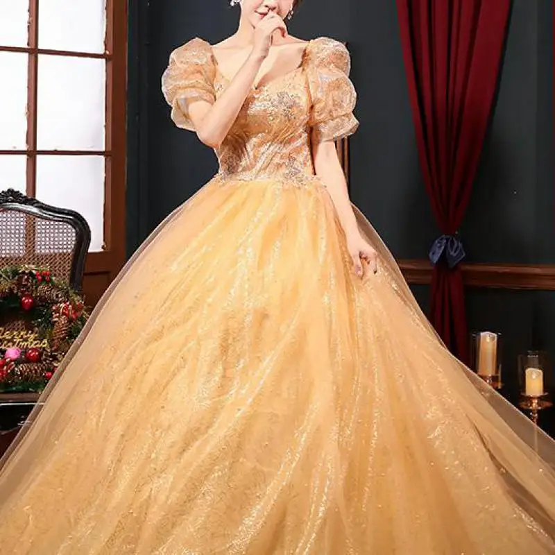 Vestido De quinceañera De tul brillante, nuevo Vestido De baile con manga abombada De princesa, elegante Vestido largo hinchado personalizado