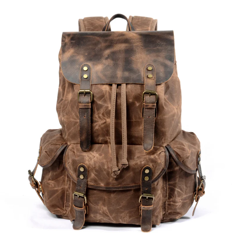 Leisure student backpack, retro style, drawstring men's oil-waxed canvas bag European style, diagonal travel double shoulder bag