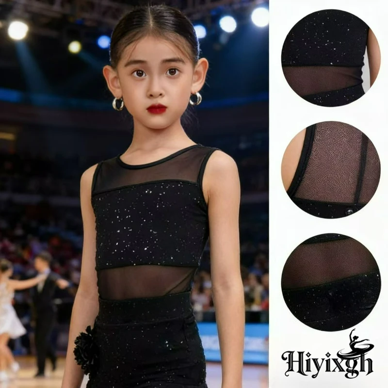 Black Latin Dance for Girl Sleeveless Mesh Backless Top Flower Sequin Skirt Competition Costume Ballroom Cha Cha Tango Dancewear