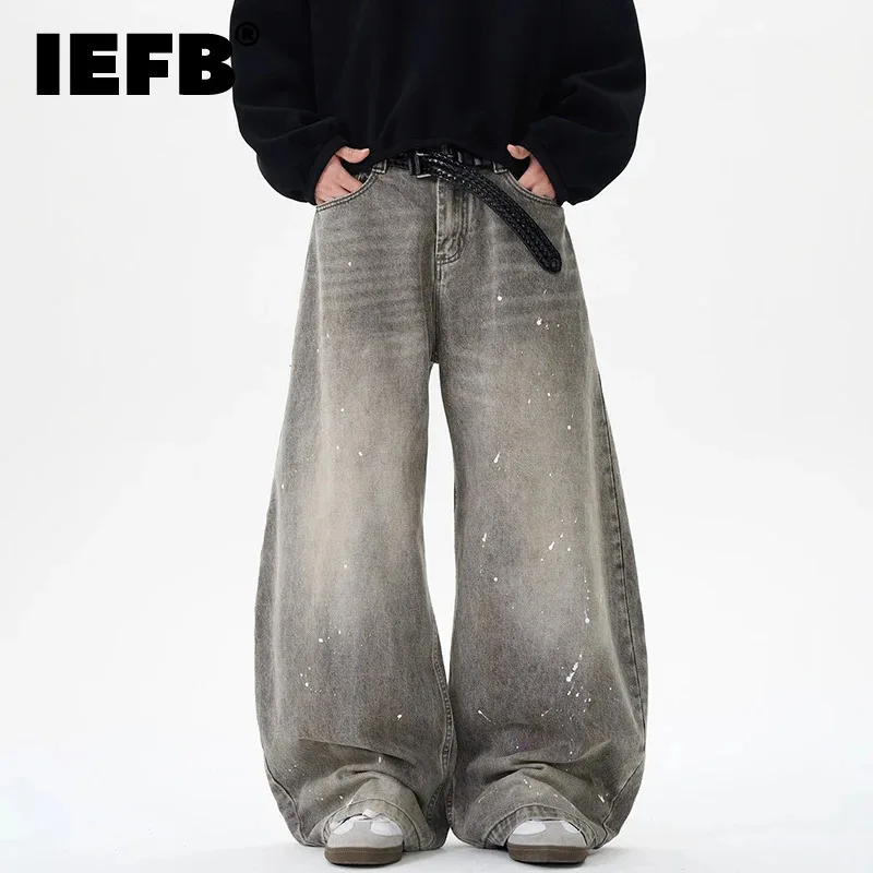IEFB Vintage Men's Jeans Splash-ink Washing Contrast Color Casual Wide Leg Trendy Denim Trousers Straight Machete Pants 9W2272