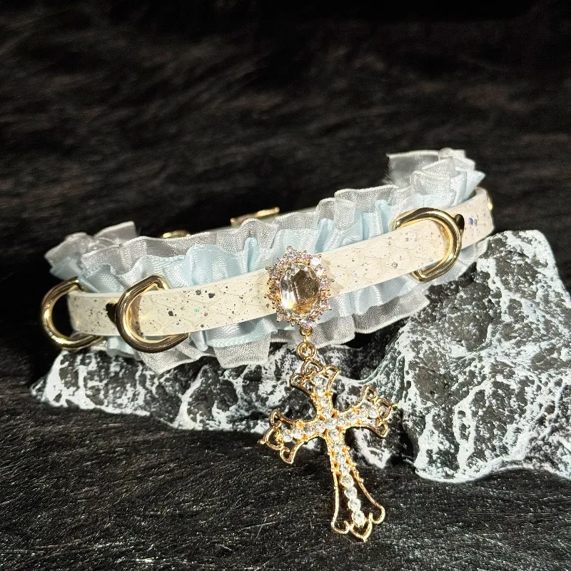 Blue and White Contrasting Lace Collar Women's Leather Handmade Original Traction New Neck Strap Couple Gift