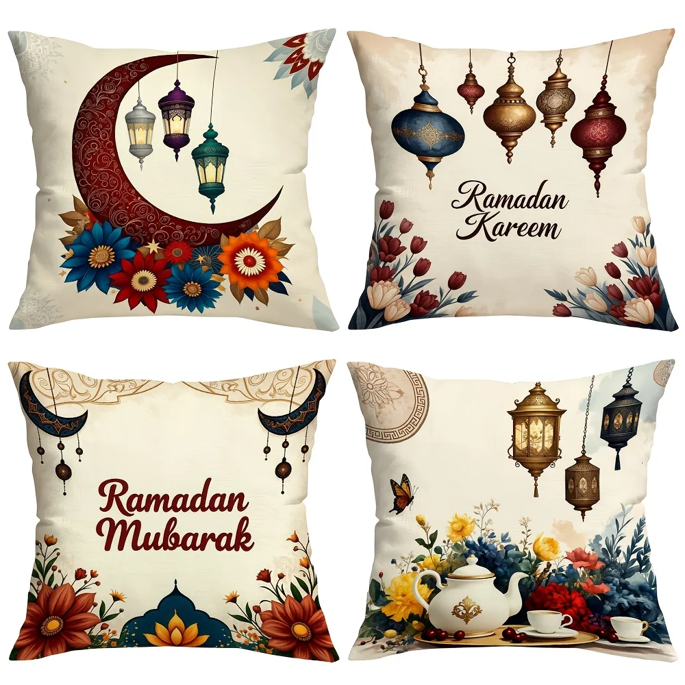 1PC 2D Flat Ramadan Kareem Mubarak Decorative Throw Pillow Covers Islamic Eid Home Cushion Cases Non-real Embroidery