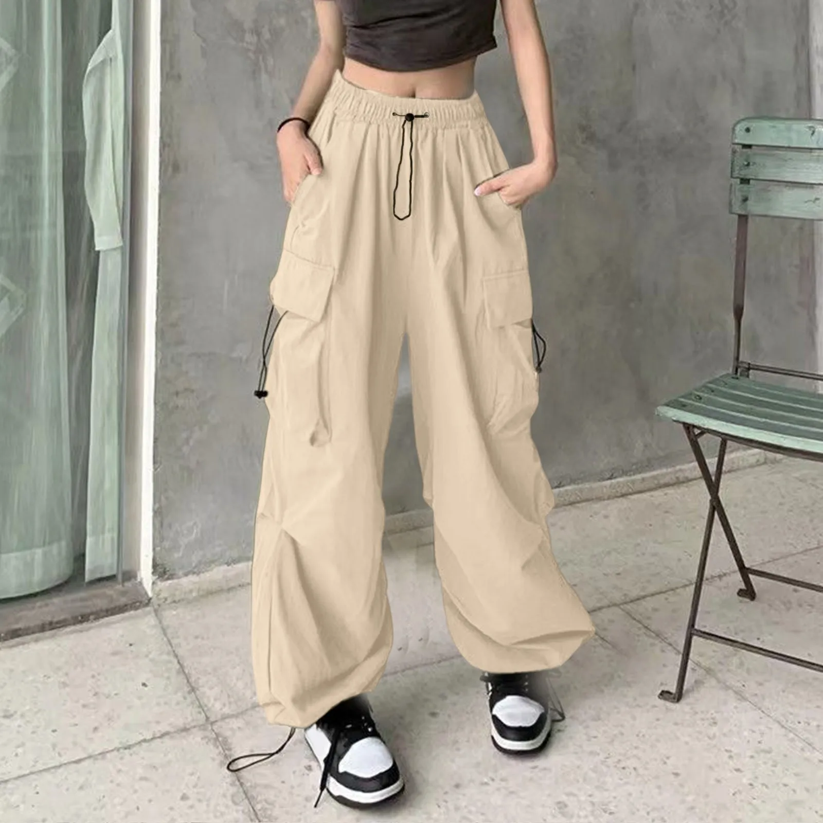 

Women's Fashion Solid Wide Leg Cargo Pants Streetwear Hip Hop Joggers Sweatpants Drawstring Elastic Waist Casual Loose Trousers