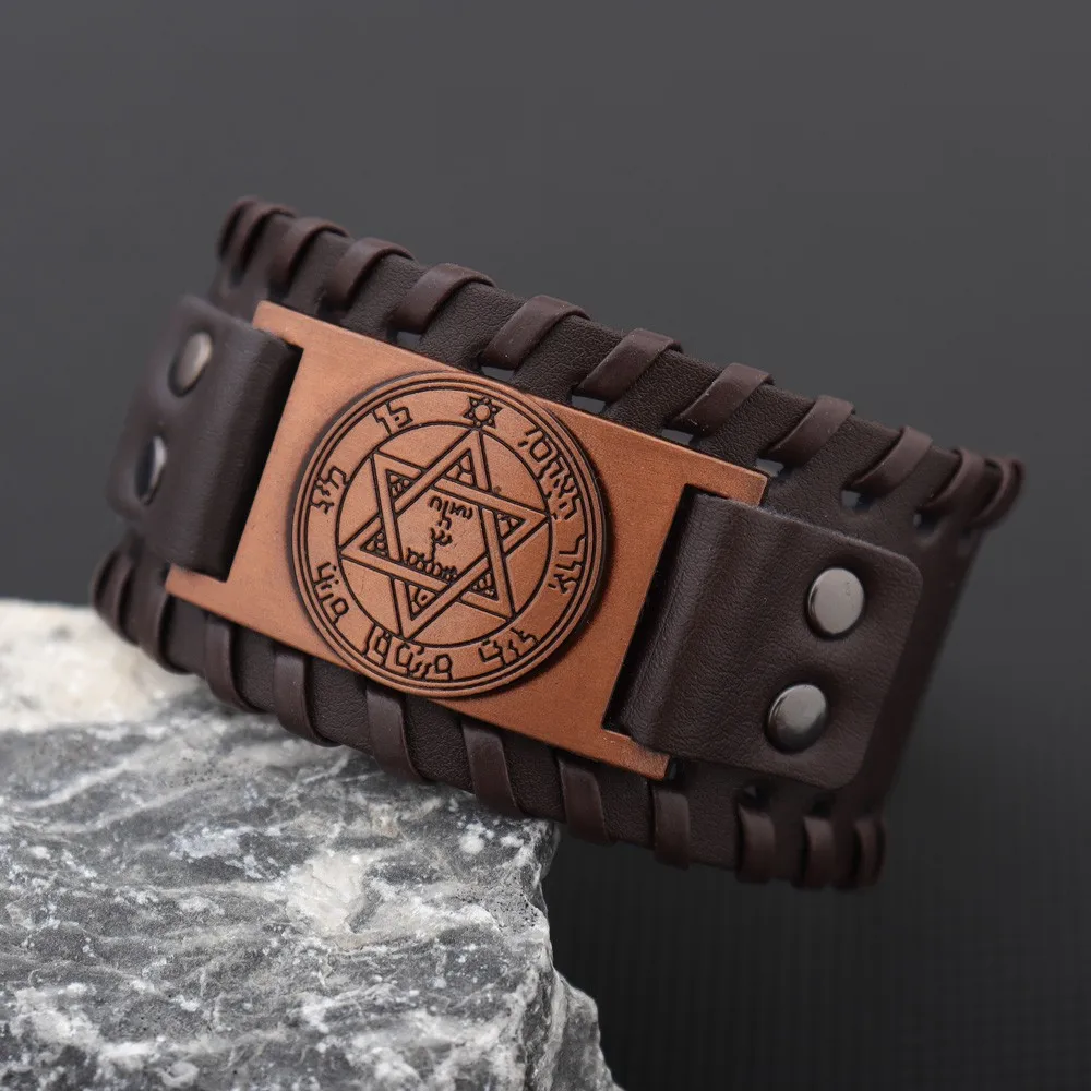 Trendy Totem Design Six-pointed Star Bracelet Men\'s Bracelet New Fashion Leather Woven Viking Accessorie Party Jewelry Wholesale