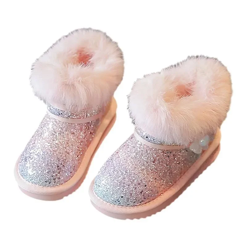 스노우부츠 Kid Snow Boots 2023 Winter Boot Plush Child Cotton Shoe Warm Ankle Boot Anti Slip Medium Large Children Shoes Padded Boots