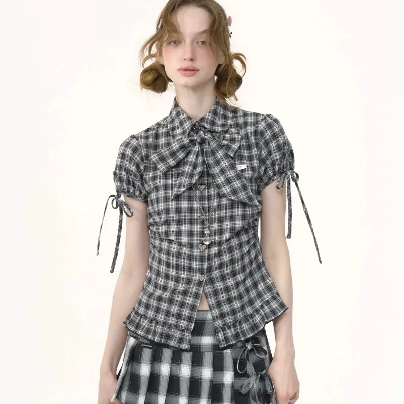 

Summer Lolita All-Match Blouses Sweet Retro Plaid Short Sleeve Ruffles Slash Neck Shirts Elegant Kawaii Women Clothing Y2k Tops