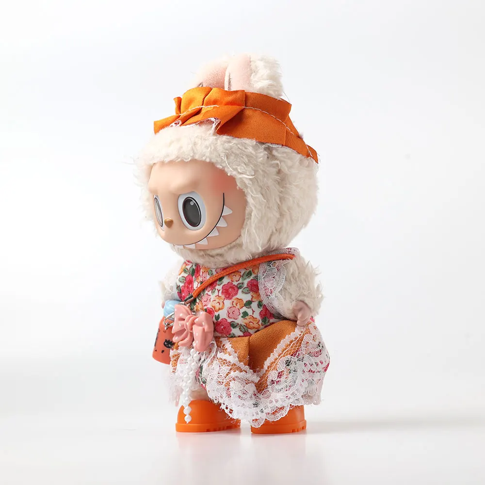 ชุดเสื้อผ้าตุ๊กตา Labubu คุณภาพสูง ขนาด 15-17 ซม. กระโปรงลายพิมพ์สีส้มทันสมัย พร้อมรองเท้า ชุด 4 ชิ้น สำหรับตุ๊กตา Labubu ทุกแบบ
