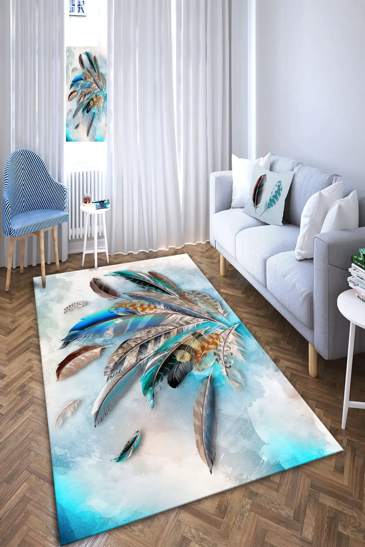 

DOLBOVI digital printed non-slip base washable feather patterned turquoise runner and living room carpet