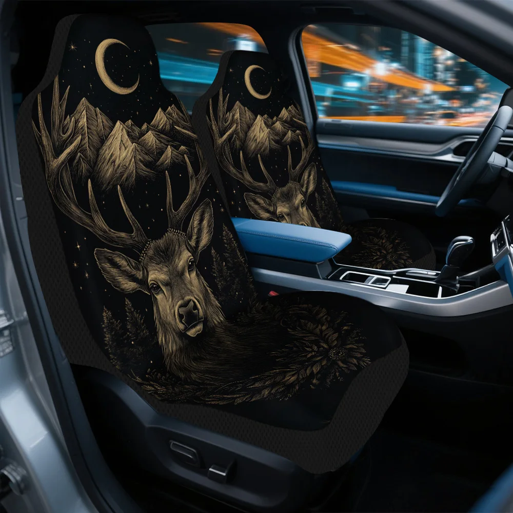 2pcs Mystical Deer Portrait Print Car Seat Covers - & Golden Deer Design, Fit For Cars, SUVs, Sedans - Easy Installation, Durabl