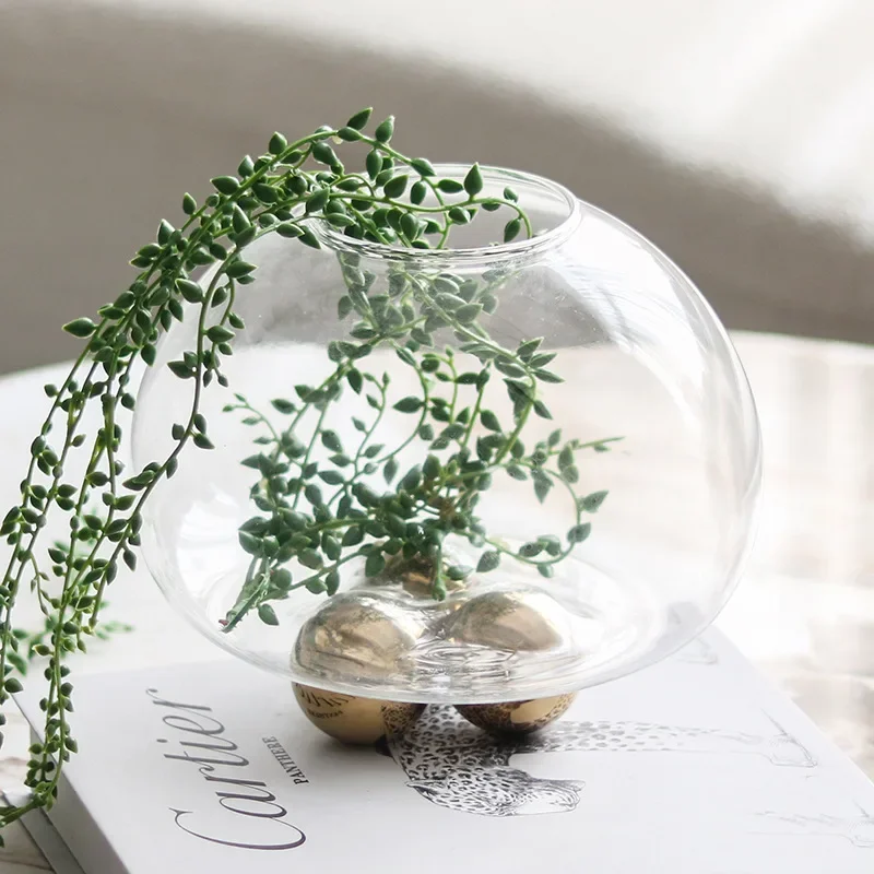 Clear Glass Vase Geometric Golden Ball Transparent Terrarium Floral Arrangement Accessories Flower Vase Home Decoration