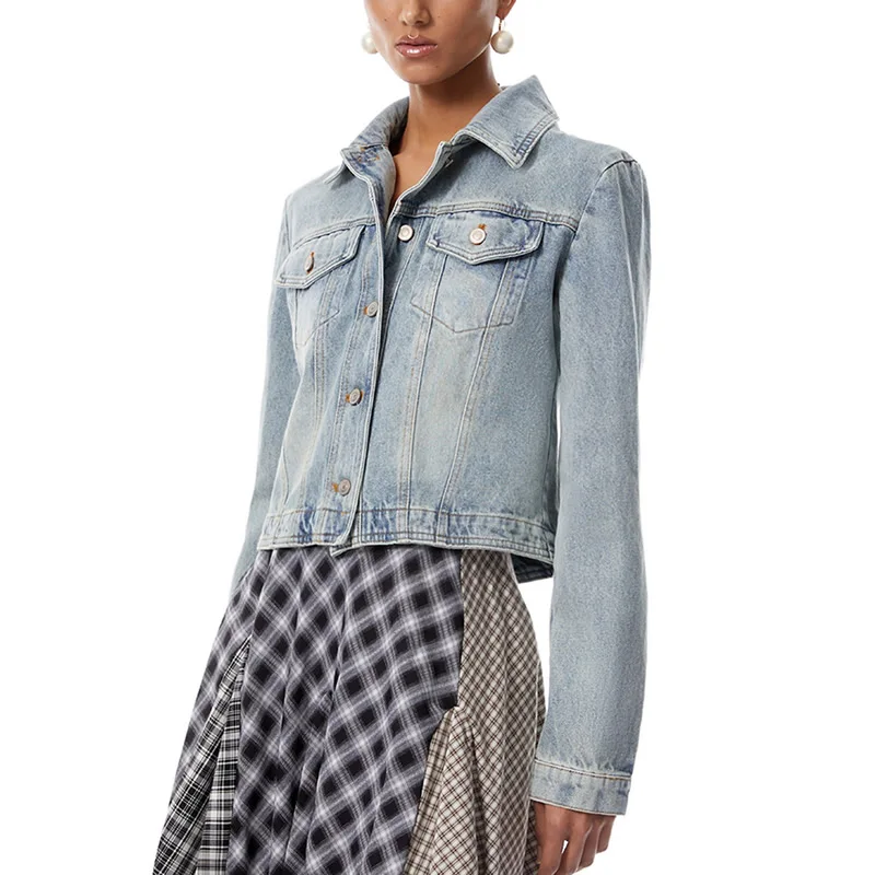 

Women Turn-Down Collar Long Sleeve Denim Fabric Coat