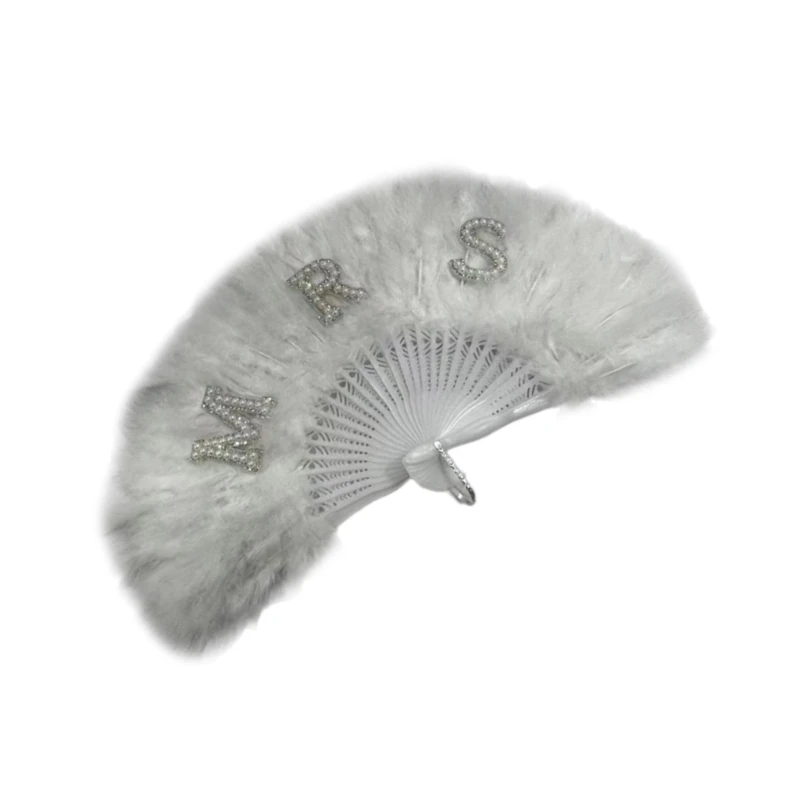 White Feathered Bridal Fan for Wedding Ceremony Bride Folding Fan Party Supply