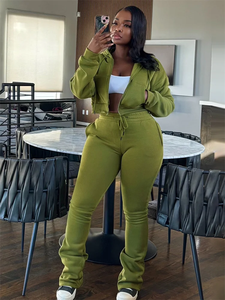 Dziwne, sportowe komplety dresowe damskie na zimę, modne bluzy z kapturem na zamek błyskawiczny + spodnie ze sznurkiem, pasujące, codzienne, klasyczne, jednolite, ciepłe zestawy.