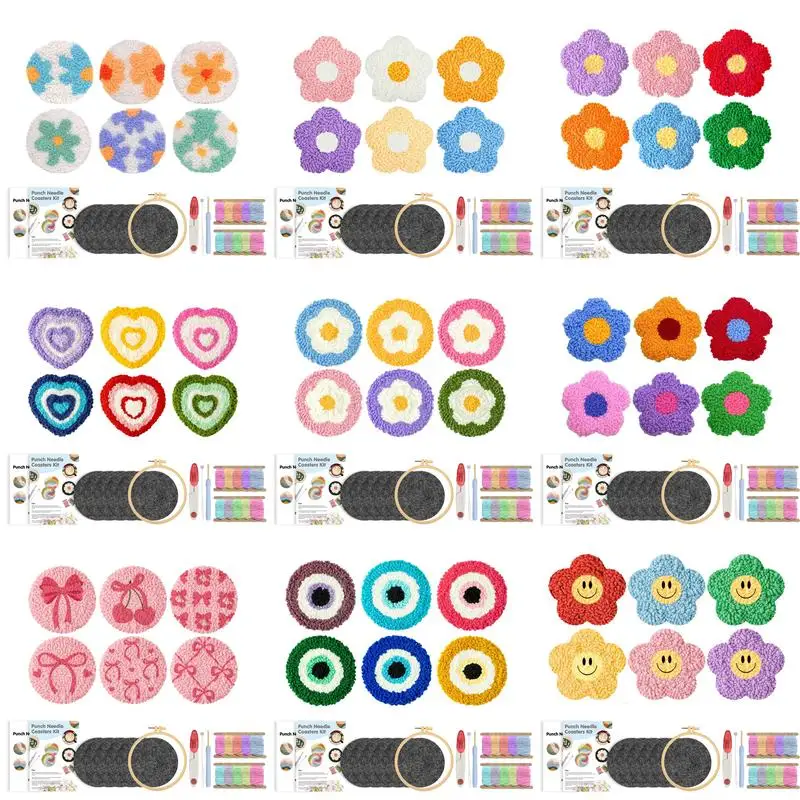 

CHENISTORY 6 Pcs Flower Punch Needle Coaster Kit for Beginners Adults Easy Art Coasters Tea Coffee Cup Mat Set for Home Decor