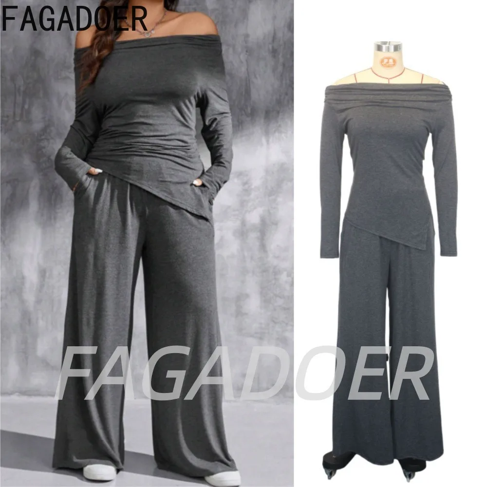 

FAGADOER Casual Wide-leg 2 Pcs Sets Fashion Irregular Off Shoulder Ruched Top + Loose Pants Outfits Grey Summer Street Suits