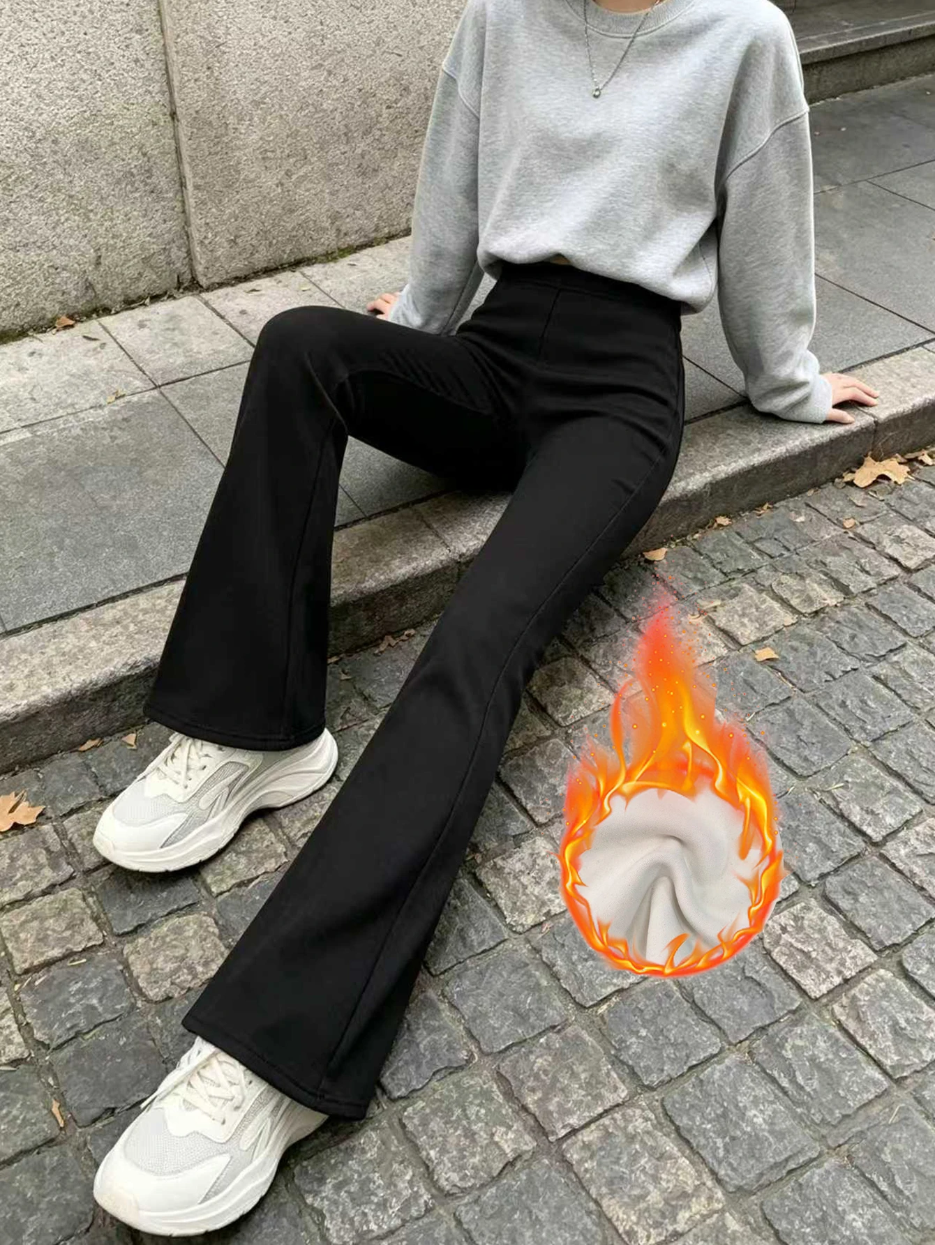 Winter Fleece Thickened Casual Commuting Pants With Elegant Style Pearl Flower Fleece For Keeping Warm And Tight Flared Pants