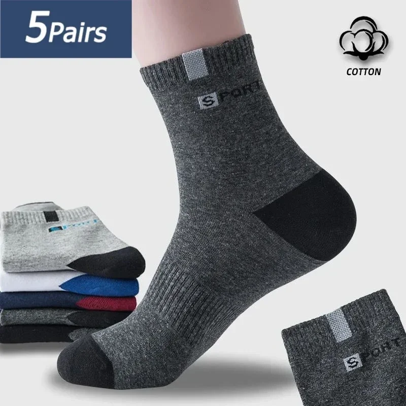 【Hot】5Pairs Cotton Sock for Men Sport Breathable Soft Letter Fashion Sneakers High Elastic Middle Tube Stocking Towel Sox Summer