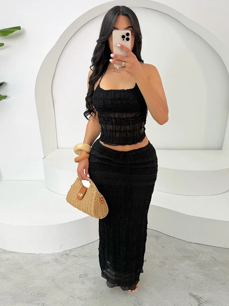 غريب سنور شبكة عارية الذراعين 2 قطعة مجموعة النساء الرسن الدانتيل متابعة انظر من خلال المحاصيل القمم فضفاضة أنيقة التنانير الطويلة عطلة الاتجاه وتتسابق