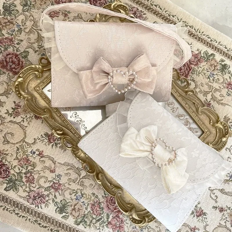 

MBTI Lace Elegant Shoulder Bag for Women White Bow Cute Pearl Lolita Jk Handbag Original Exquisite Literary Fashion Armpit Bag