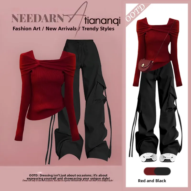 

Faionable Knitted One-oulder Sweater High Waist Straight Leg Pants Two-Piece Set Winter 2026 Women's Ele Ensemble