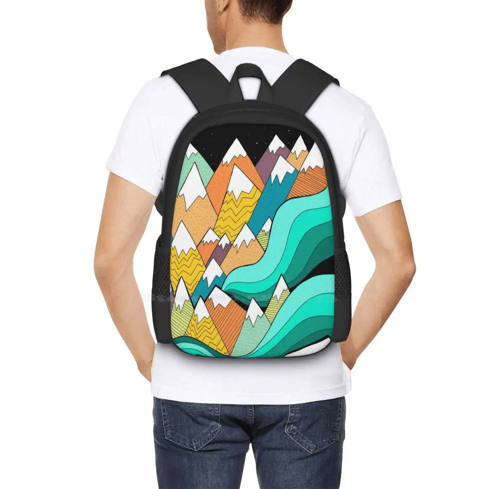 Waves Of The Mountains Pattern Design Bagpack School Bags Mountain Sketch Hand Drawn Landscape Design Lines Dots Nature Abstract