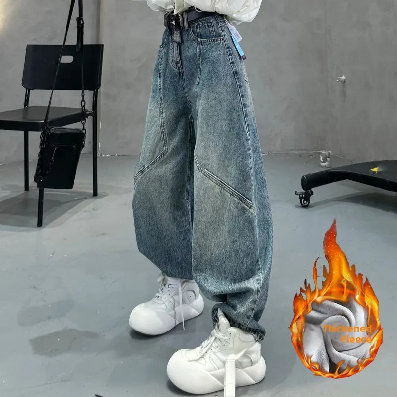 

Синие джинсы с широкими штанинами и подкладкой, женские повседневные, с высокой талией, прямого кроя, свободного покроя, модные универсальные джинсовые брюки, осень 2025